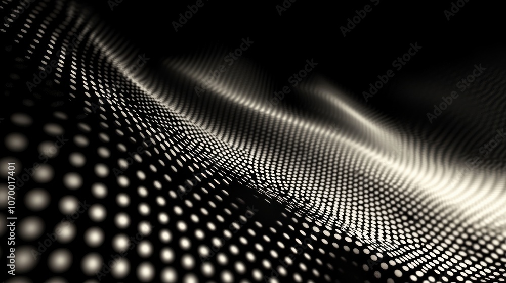 Poster abstract black and white wave pattern with dotted texture creating a sense of depth and movement.