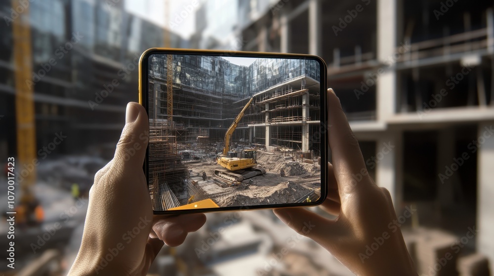 Poster person holding smartphone displaying augmented reality construction site. image shows modern buildin