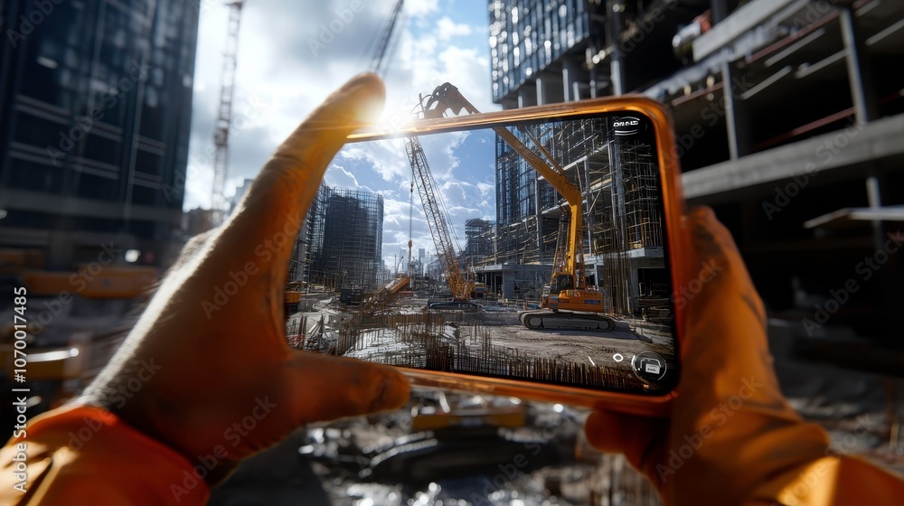 Poster construction worker using smartphone to view augmented reality app interface on construction site, s