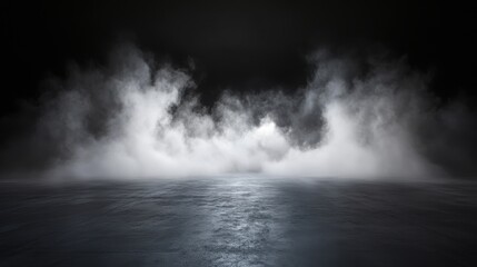 Mysterious fog billows across a dark studio floor, creating an enigmatic atmosphere perfect for dramatic photography.
