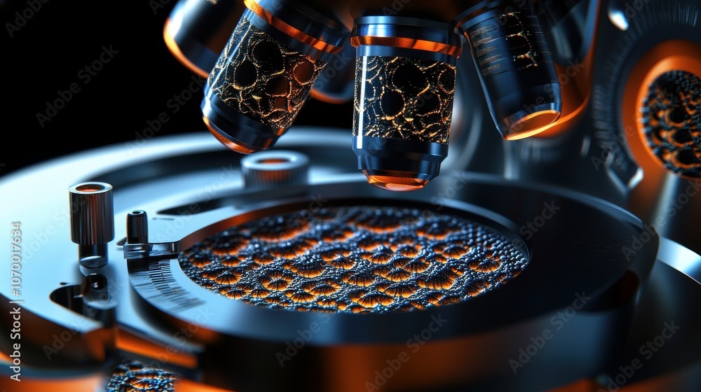 Poster close-up of a futuristic device featuring intricate metallic textures and glowing elements, emphasiz