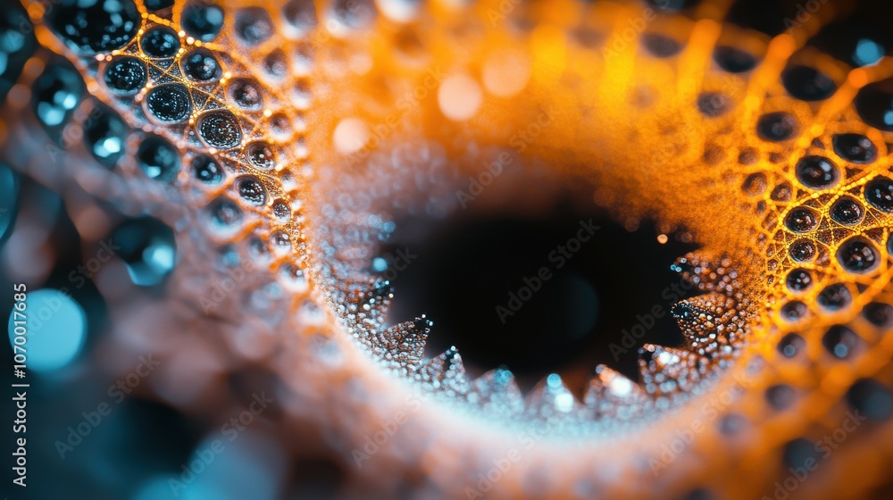 Poster a mesmerizing close-up of vibrant orange and blue droplets forming intricate patterns, creating a su