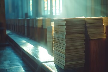 Hymnals stacked on pews