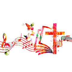 Colorful christian cross with music notes isolated vector illustration. Religion themed background. Design for gospel church music, choir singing, concert, festival, Christianity, prayer	