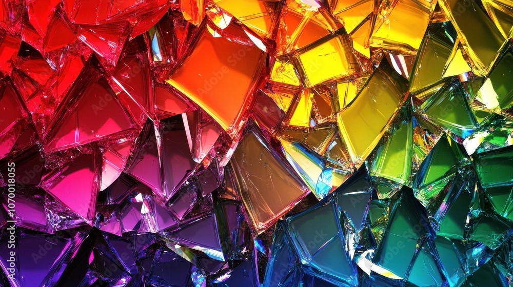 Poster a vibrant array of colorful glass shards reflecting light in various hues, creating a visually strik