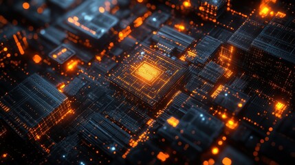 Obraz premium An abstract representation of a high-tech circuit board glowing in orange and blue hues, showcasing a futuristic digital environment.