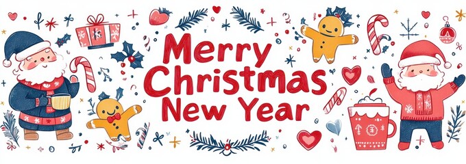 Festive Christmas and New Year greeting banner featuring Santa Claus, gingerbread man, and holiday elements