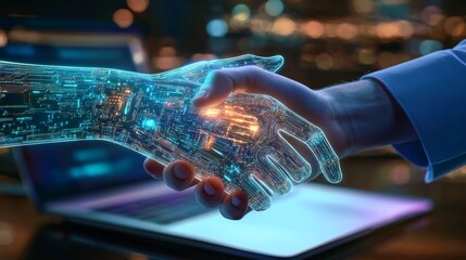 Symbolic Partnership Depiction: Human Hand Shaking with an AI-Driven Hand in a High-Tech Environment