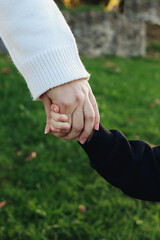 Hand of mother and child. Close up .Happy family day. Mom holds her child daughter by hand .Family outdoors in nature . Motherhood, childhood and care concept. Mothers day. High quality photo