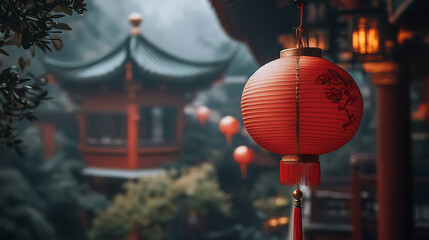 Vibrant Red Lanterns Adorn Asian Temple