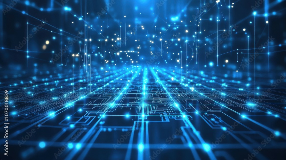 Poster futuristic blue data network with glowing lines and circuits, creating a digital landscape.
