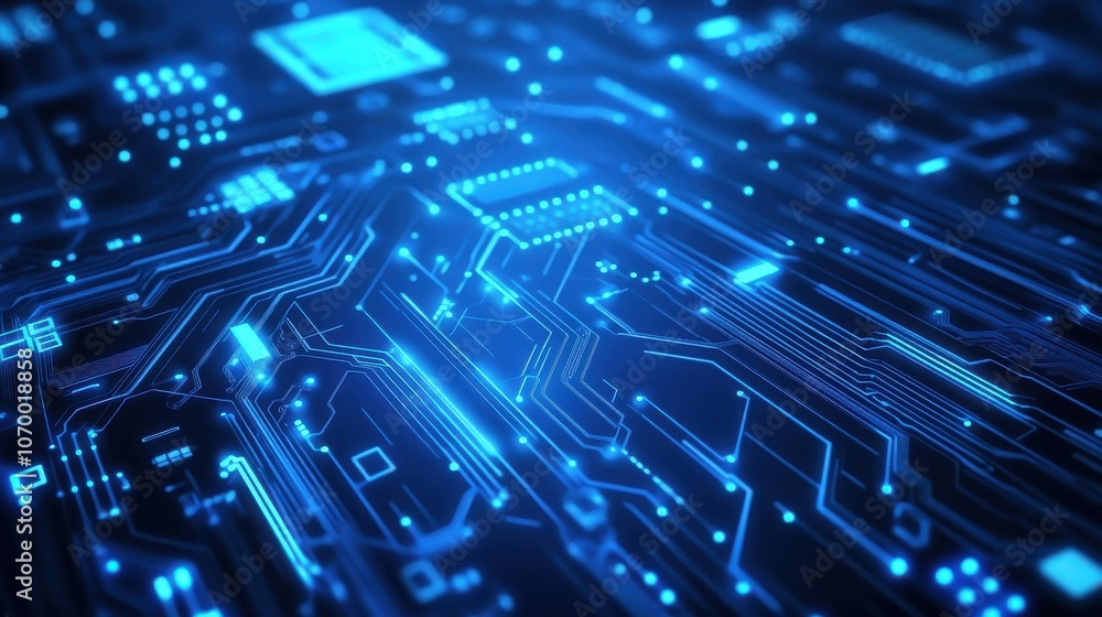 Poster close-up view of an intricate blue circuit board with glowing elements, showcasing technology and in