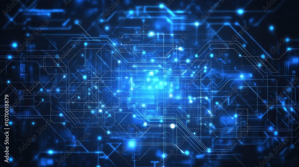 Poster abstract blue technology background with glowing circuits and intricate patterns.