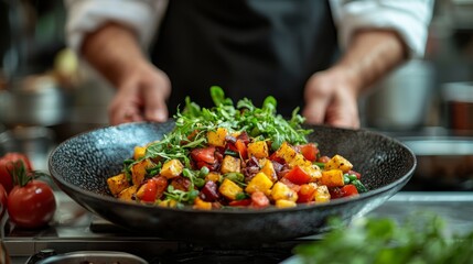 Chef creating vibrant vegan salad in professional kitchen for Veganuary