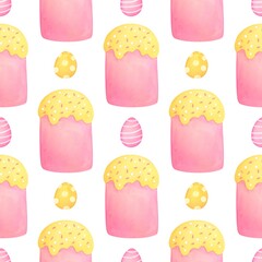 Easter cake and eggs seamless pattern. cute watercolor illustration of kulich isolated on white background, print for packaging paper, fabrics, wrapping gifts, scrapbooking wallpaper, textile