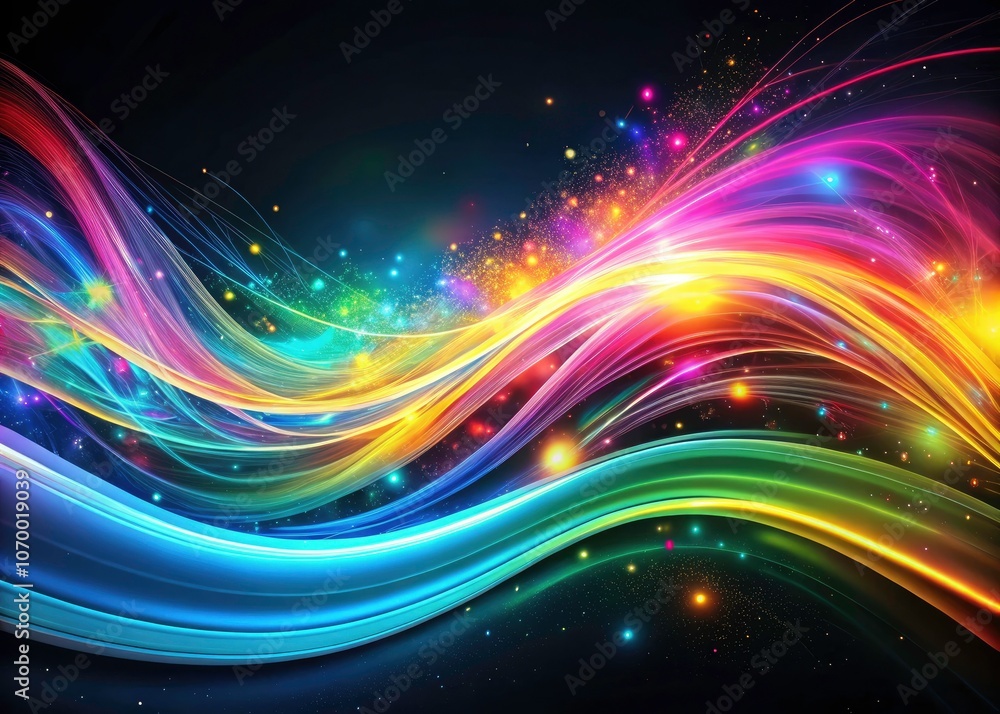 Poster abstract background with colorful glowing light streaks and swirls on black background for surreal p