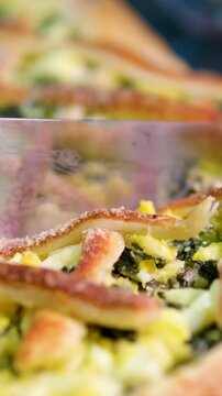 spinach pie Classic Quiche with spinach. Fish tart. Open faced salmon quiche on kitchen table with broccoli pieces and savory pie on background.