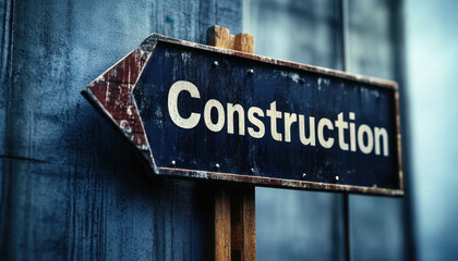 Obraz premium Weathered construction sign with bold lettering against a textured urban background, evoking a sense of industrial activity and progress.