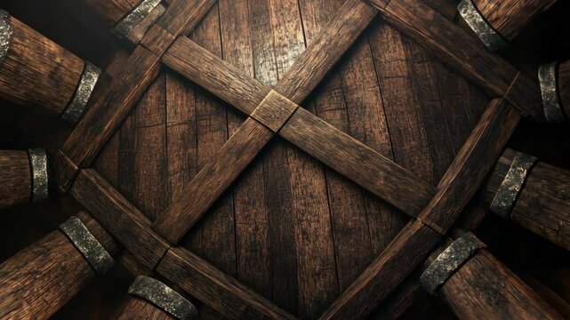 A wooden crate with a crosshatch design is seen from above, showing the wooden beams and metal rings