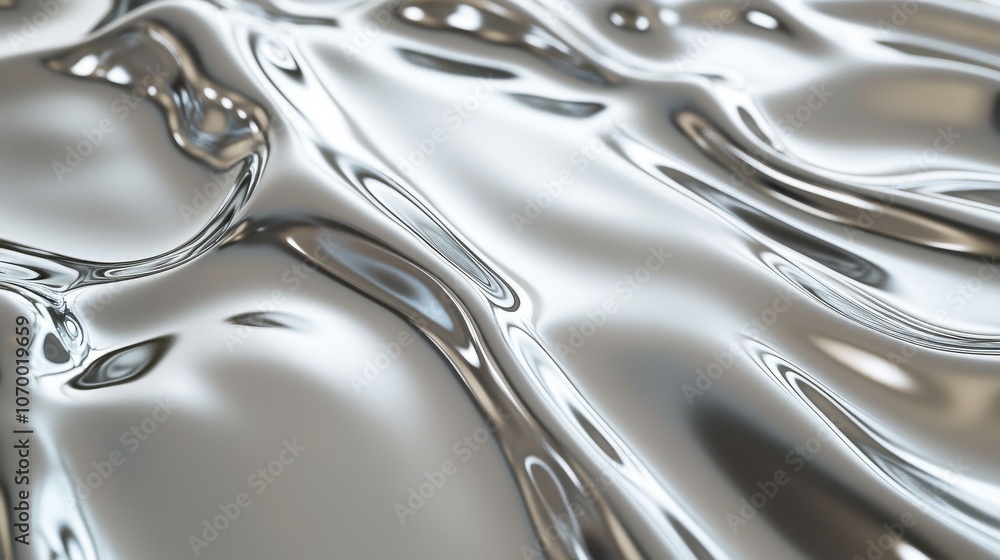 Poster close-up of smooth, reflective silver fluid texture creating dynamic waves and patterns.