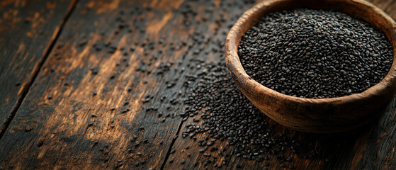 Black Sesame Seeds in Wooden Bowl.