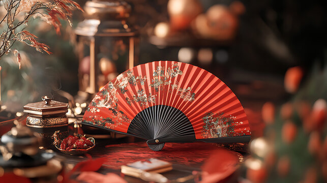 Intricate Red Fan with Floral Design