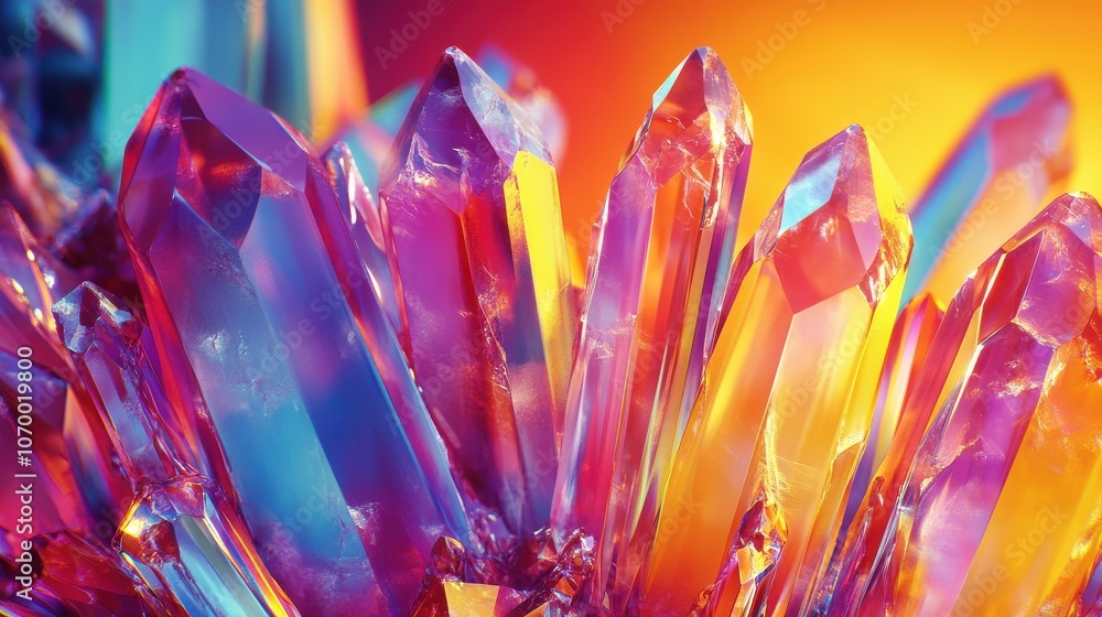 Poster vibrant close-up of multicolored crystals reflecting light, creating a dazzling array of hues and te