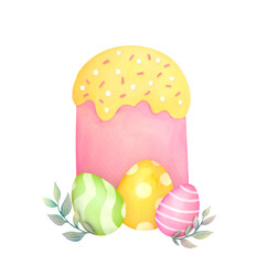 Easter cake and eggs. cute watercolor illustration of kulich isolated on transparent background, clip art and cut out element design