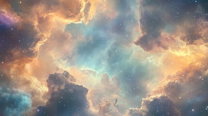Obraz premium A vibrant cosmic scene filled with colorful nebulae and sparkling stars, creating a fantastical celestial atmosphere.