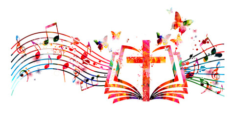 Colorful christian cross with music notes isolated vector illustration. Religion themed background. Design for gospel church music, choir singing, concert, festival, Christianity, prayer	