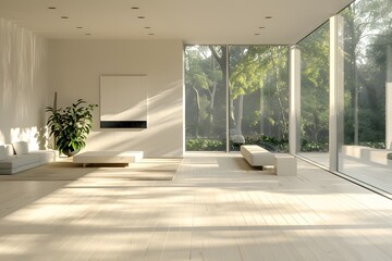 Spacious Minimalist Living Room with Simple Furniture - Naturally Lit Through Large Windows, Offering a Harmonious and Sophisticated Ambiance Ideal for Modern Living(02)