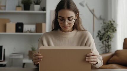 A young woman unboxing a parcel at her desk in a bright home office setting during the afternoon