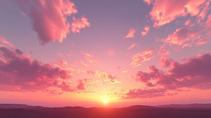 Breathtaking sunset over rolling hills, with vibrant pink and purple clouds illuminating the horizon.