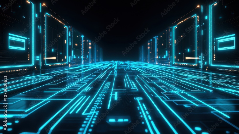 Aufkleber futuristic digital pathway featuring illuminated blue circuitry against a dark background, creating 