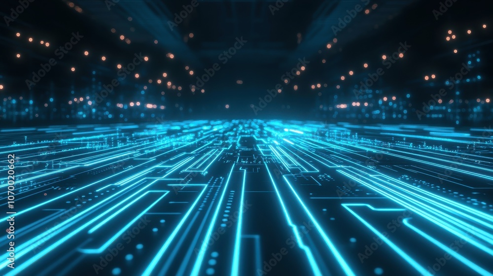 Poster futuristic digital landscape with glowing blue circuit patterns extending into the distance.