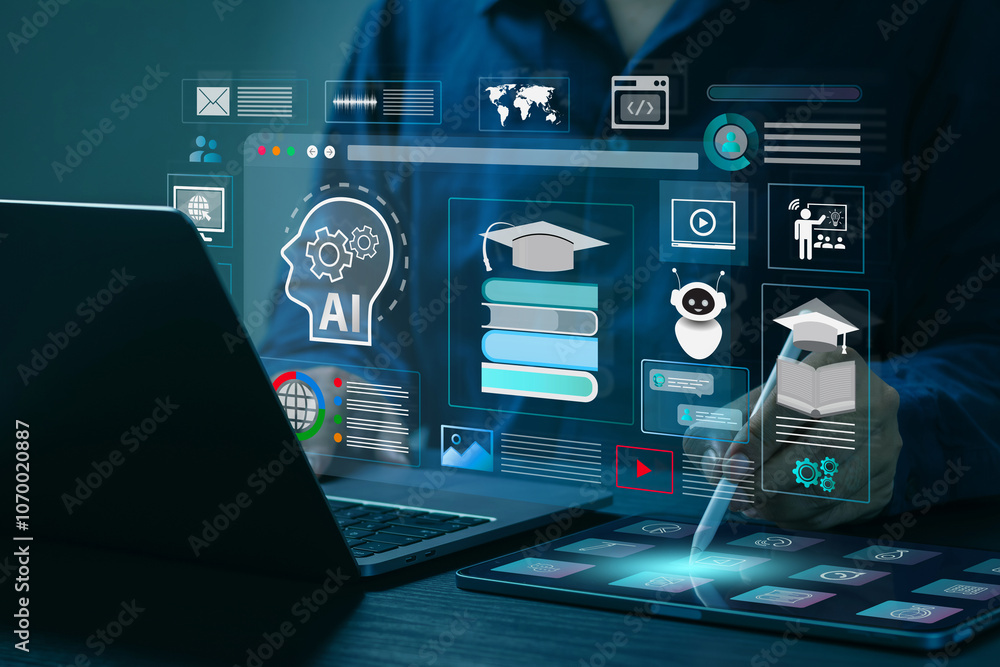 Wall mural ai artificial intelligence and education technology concept. a man use laptops, learn lessons and on
