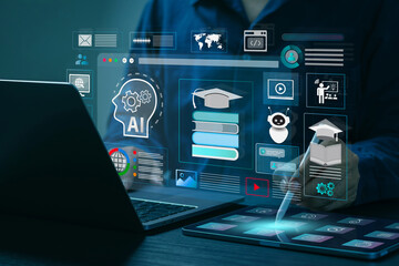 AI Artificial Intelligence and Education technology concept. A man use laptops, Learn lessons and...