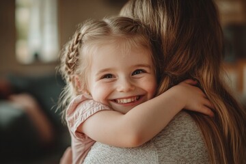 A joyful child embraces her mother in a warm and loving moment. This image captures the essence of family bonds and happiness. Perfect for family themes. Generative AI