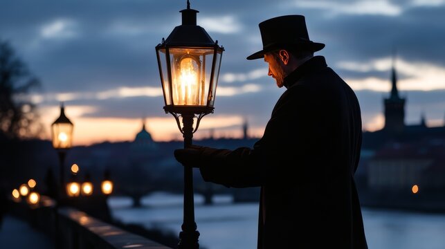 Twilight on charles bridge  a lamplighter illuminates lanterns in prague s enchanting evening glow