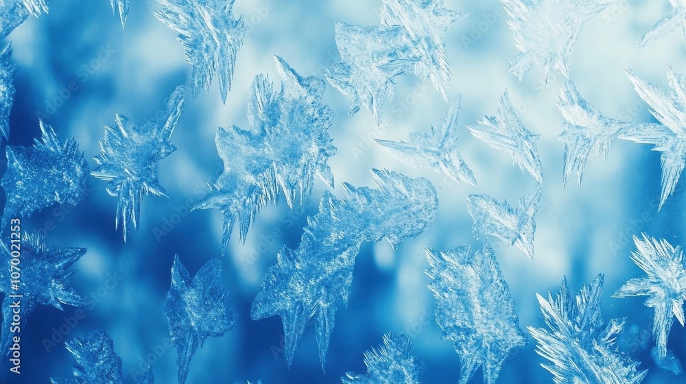 Poster intricate frost patterns in shades of blue creating a mesmerizing winter scene.