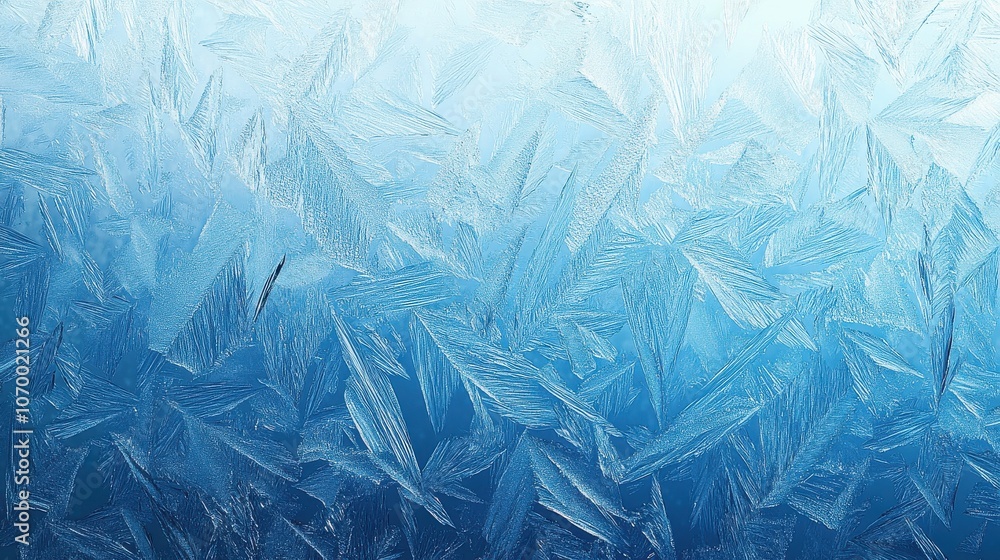 Poster intricate frost patterns on a glass surface create a serene winter atmosphere with shades of blue.