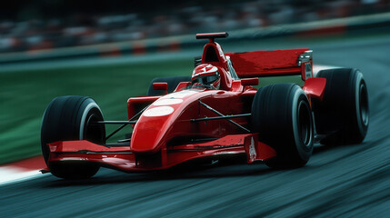 Red Formula 1 race car speeding on a professional race track