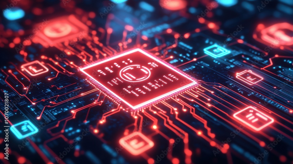 Poster close-up of a glowing computer microchip, showcasing intricate circuitry in red and blue hues on a d
