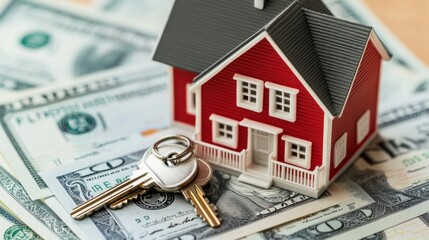 House model and keys on dollar bills: symbol of real estate investment