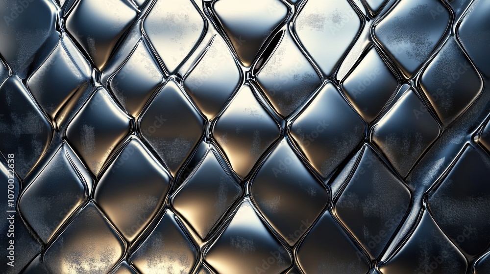 Poster abstract close-up of metallic patterned surface with diamond-shaped textures reflecting light.