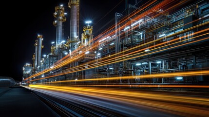 Fototapeta premium A stunning night shot of an industrial facility with vibrant light trails showcasing energy and innovation.