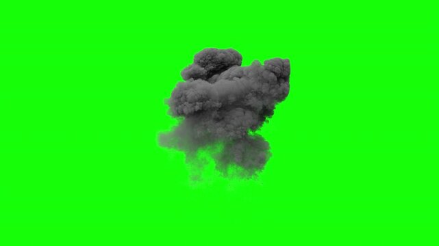 realistic explosion. explosion on green background. aerial explosion isolated. explosion with cloud of smoke