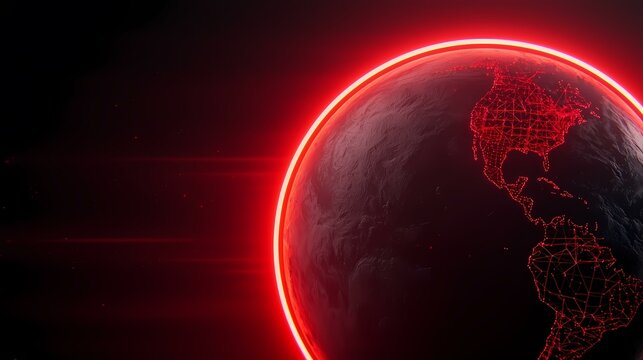 A dark, 3D rendering of a glowing, red globe with a glowing outline around the edge. The globe is centered on North America.