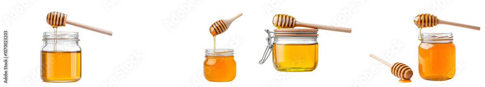 Aufkleber an isolated honey jar and honey dipper with a drop of honey on a white or transparent background