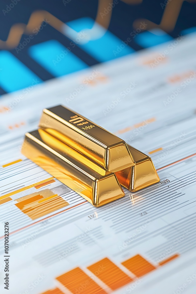 Poster three gold bars are on a piece of paper with graphs and numbers